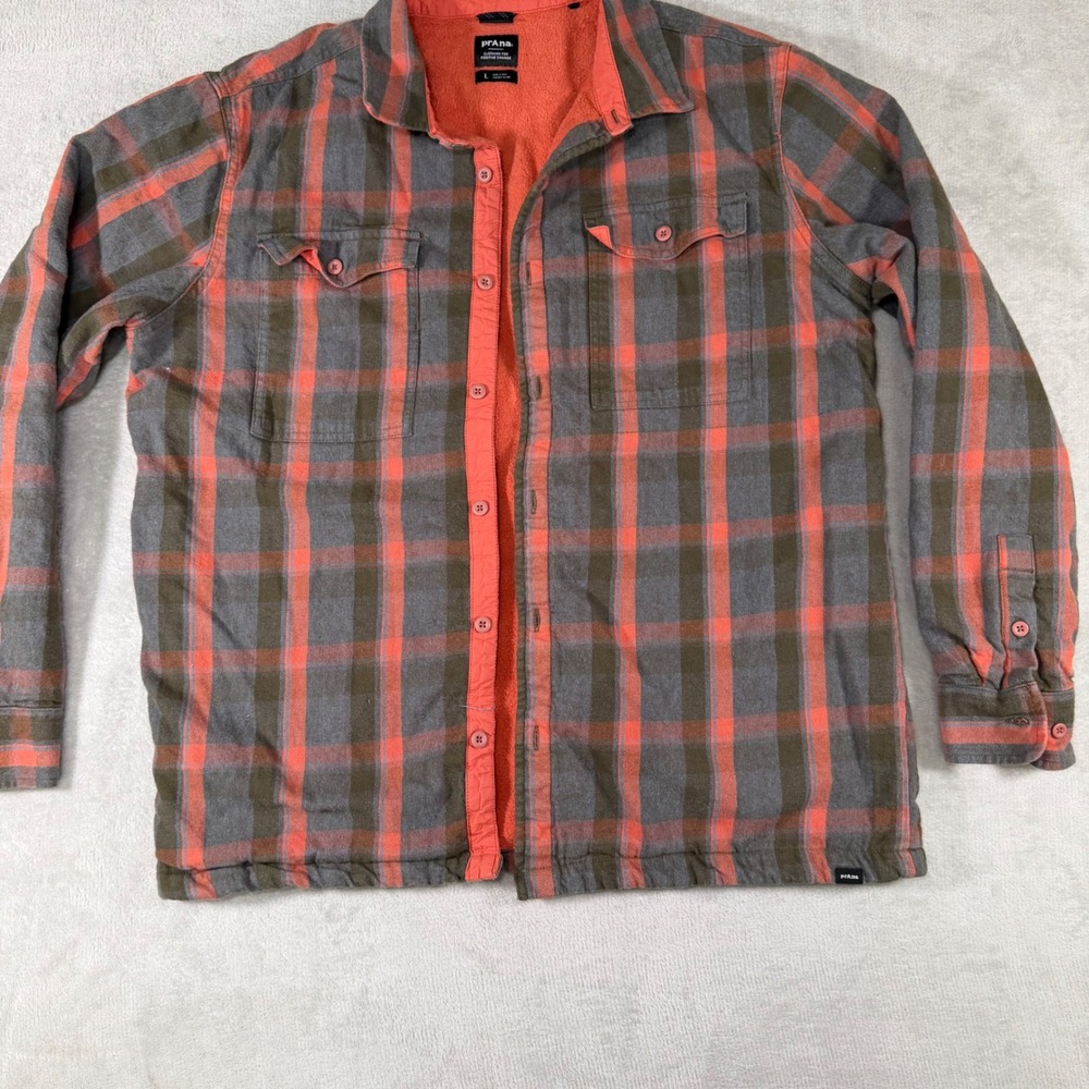 Prana Mens Fleece Lined Flannel Shirt Jacket Orange‎ Green Plaid Standard Fit L